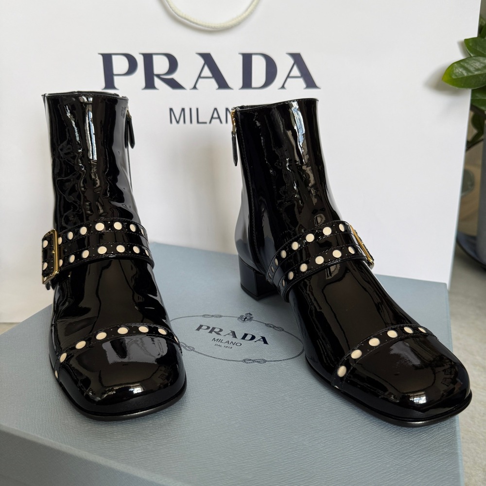Prada 1T817N Women's Black Patent Leather Beaded Ankle Boot, sz 37.5 - Picture 4 of 16